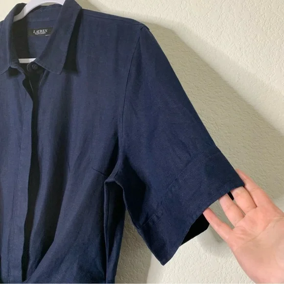 Lauren Ralph Lauren Womens tie front navy 100% linen shirt dress 18 - Picture 5 of 10